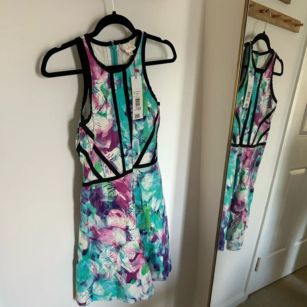 Parker Blue and Pink Sheath Mini Dress Halter Sleeveless - Picture 2 of 5